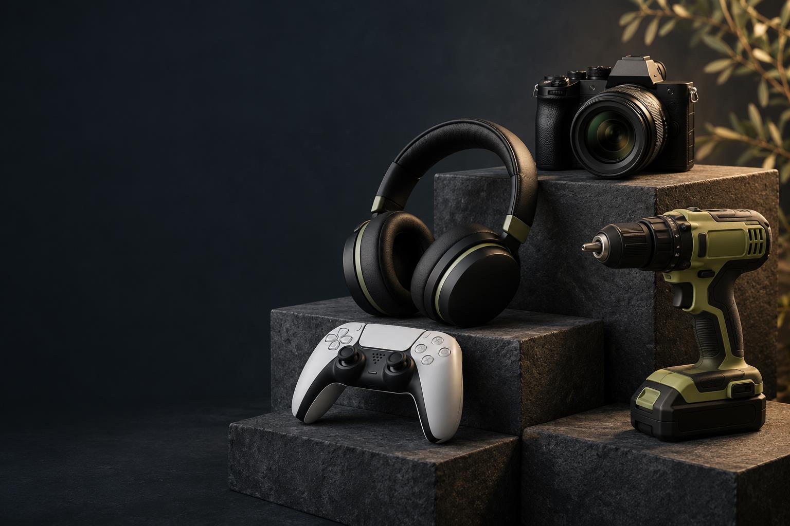 Illustrative display of a camera, headphones, games controller and cordless drill